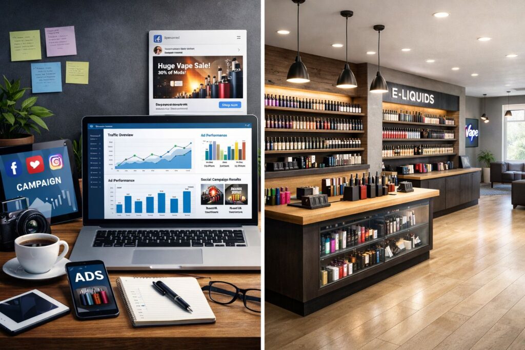 Vape shop marketing strategies guide showing digital marketing, social media, and customer acquisition tactics for retailers.