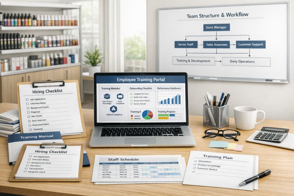 Vape shop staffing guide showing team training, customer service, and staff management for retail operations.