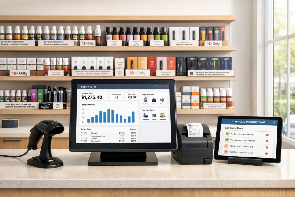 Best POS system for vape shops showing point of sale interface, inventory management, and sales tracking for retail operations.