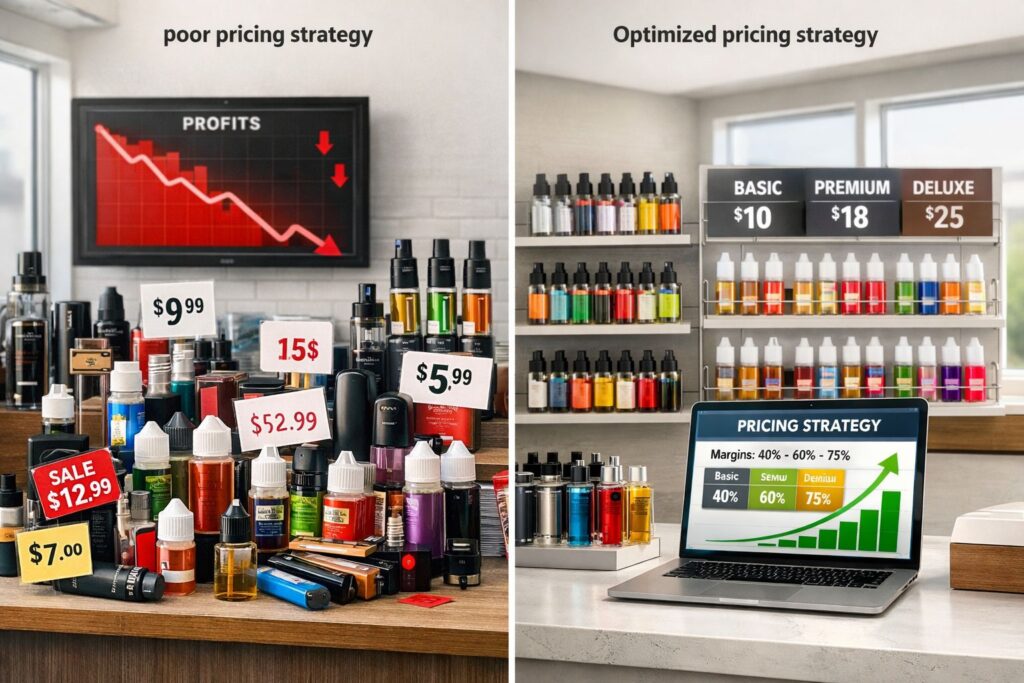 Vape shop pricing strategy guide showing pricing models, margin calculations, and competitive pricing analysis for retailers.