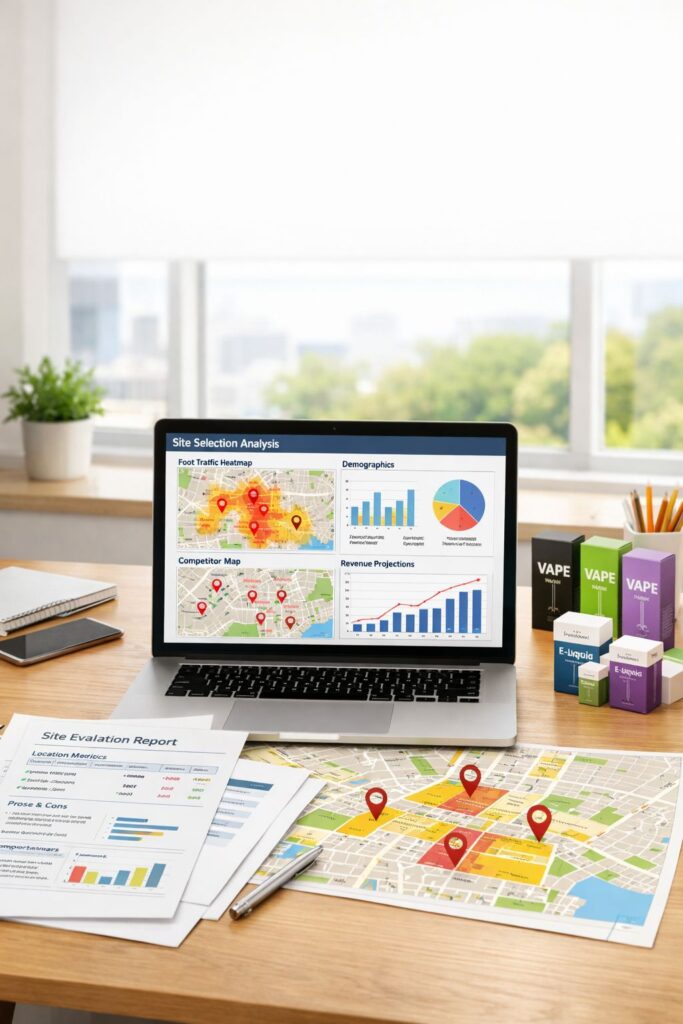 Vape shop location selection guide showing retail site analysis, foot traffic mapping, and demographic evaluation for vape retailers.