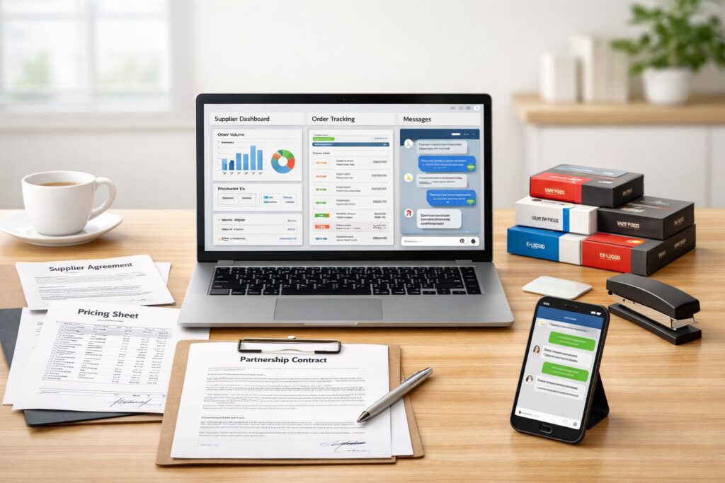 Vape shop supplier relationship management guide showing partnership strategies and vendor communication for retail operations.